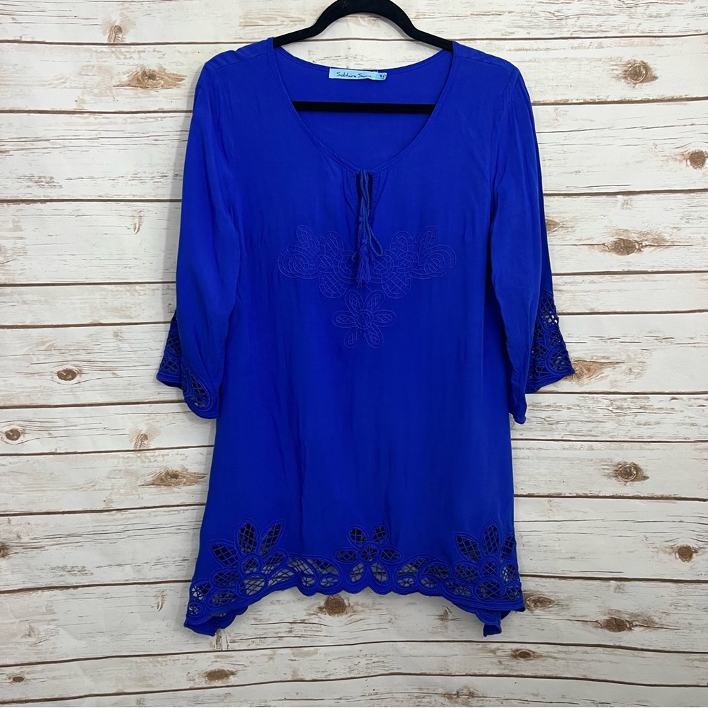 Solitaire Swim Royal Blue Eyelet Boho 3/4 Sleeve Beach Coverup